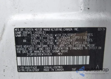 2014 Toyota Rav4 Xle из США, поврежденный, VIN 2T3RFREV3EWJ999JY